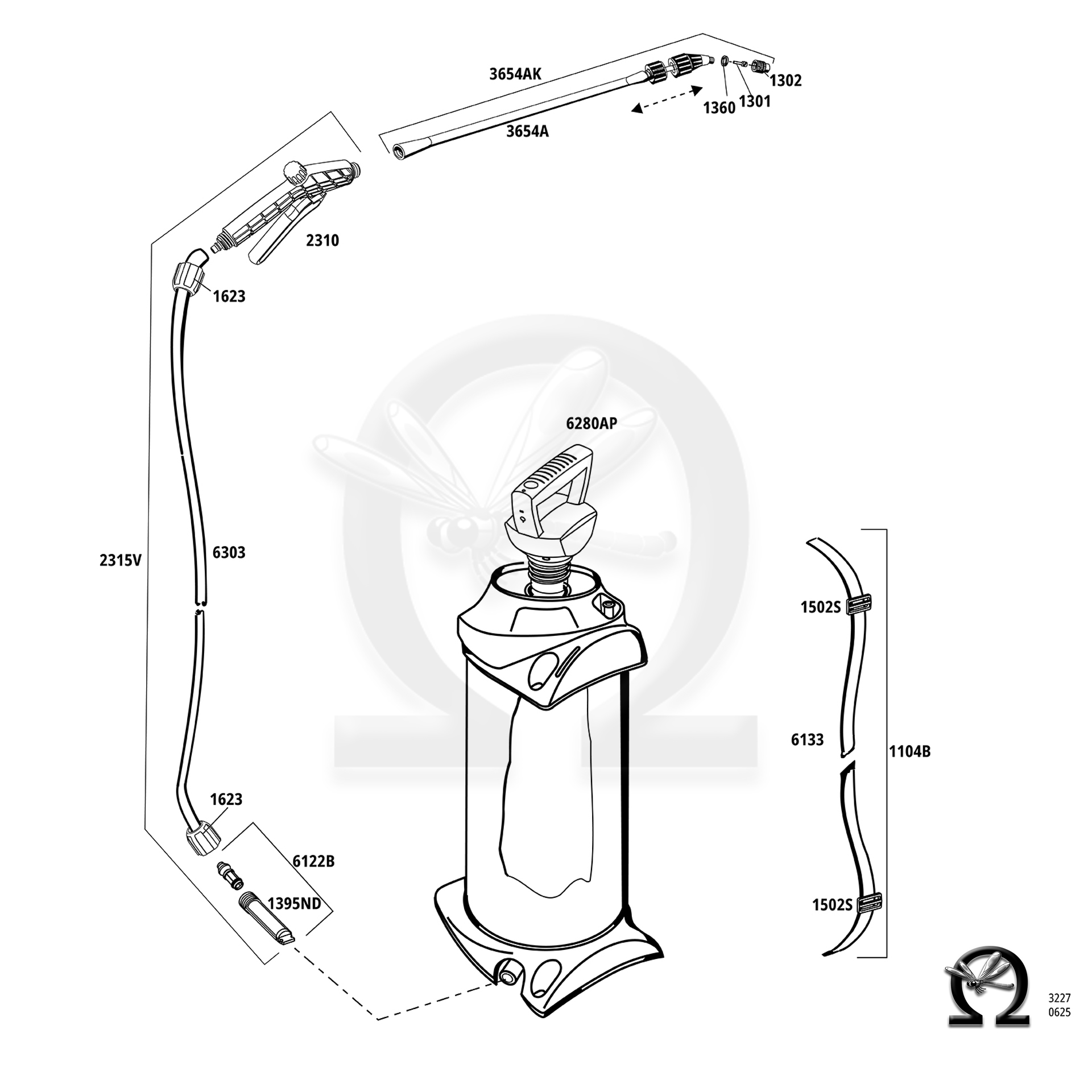 MESTO Akku-Drucksprühgerät 3227 e.VERIS 5 Liter, Zeichnung der Einzelteile