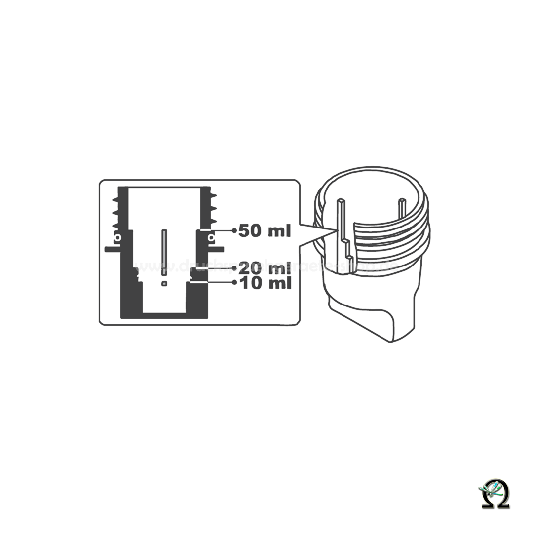 Der Schraubdeckel besitzt innen eine Dosierhilfe (10mL, 20mL und 50mL) für die eingesetzten Spritzmittel.