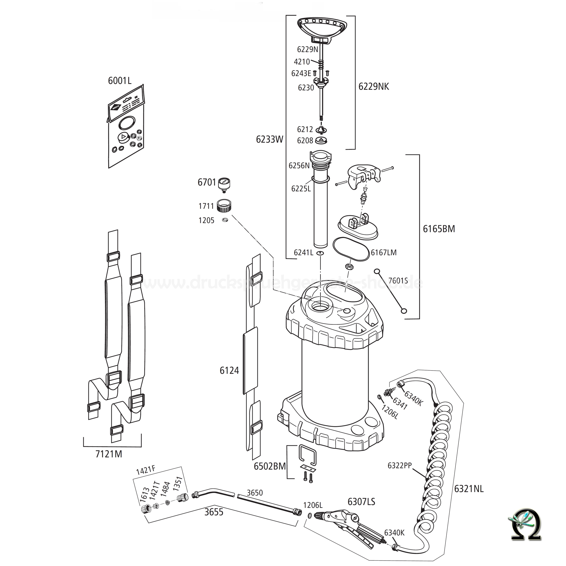 MESTO Edelstahl-Hochdrucksprühgerät 3618P mit FPM-Dichtungen - 10 Liter, Zeichnung der Einzelteile