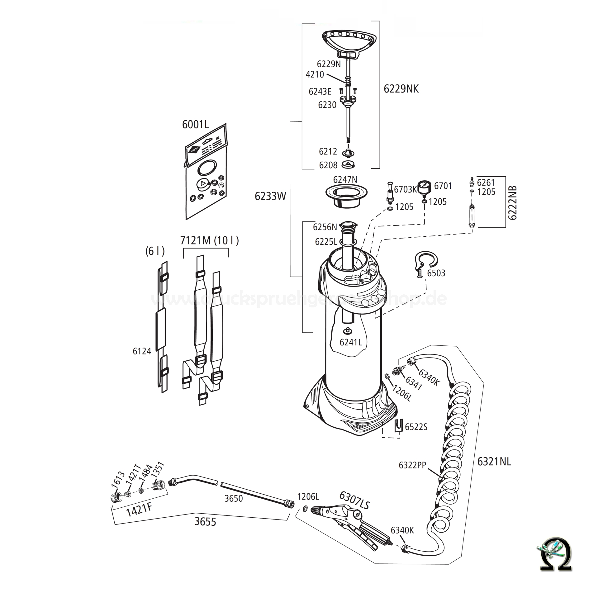 MESTO Hochdrucksprühgerät 3615F INOX PLUS - 10 Liter mit zusätzlichem Füllventil, Zeichnung der Einzelteile