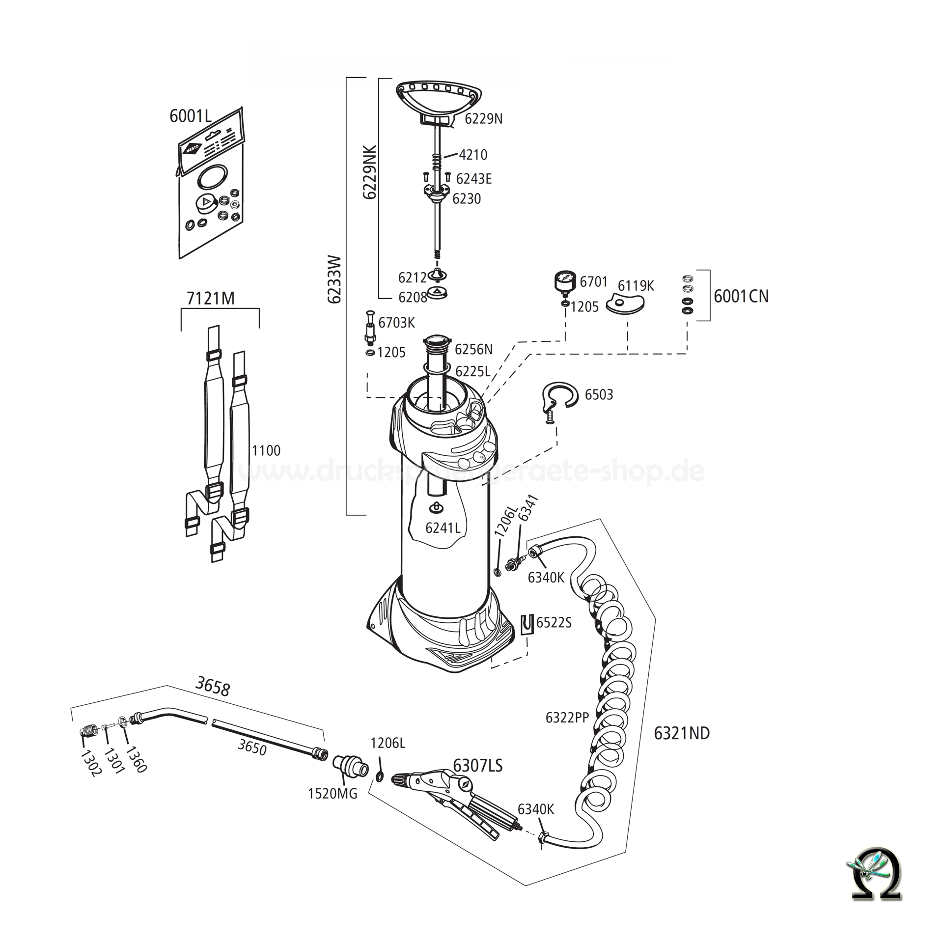 Hochdrucksprühgerät INOX 3615G - 10 Liter, Zeichnung der Einzelteile