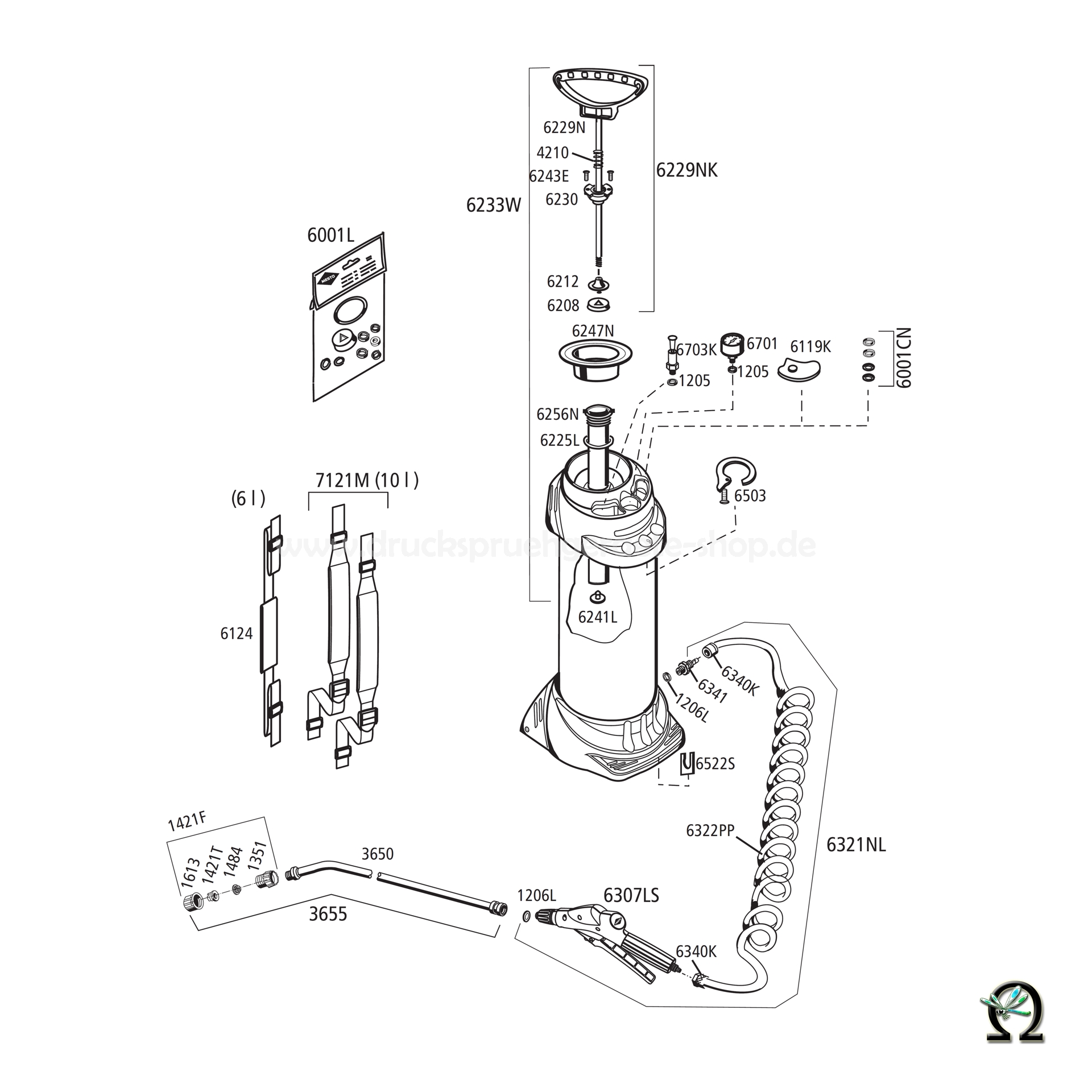 Mesto Hochdrucksprühgerät INOX PLUS 3615P - 10 Liter, Zeichnung der Einzelteile