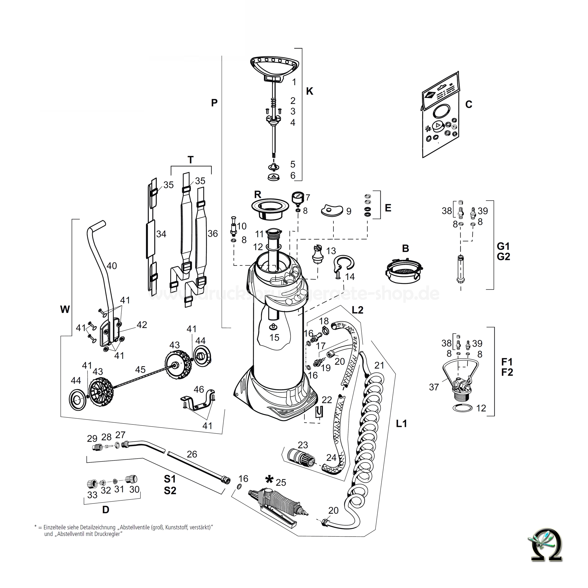MESTO Druckwasserbehälter 3615W - 10 Liter, Zeichnung der Einzelteile